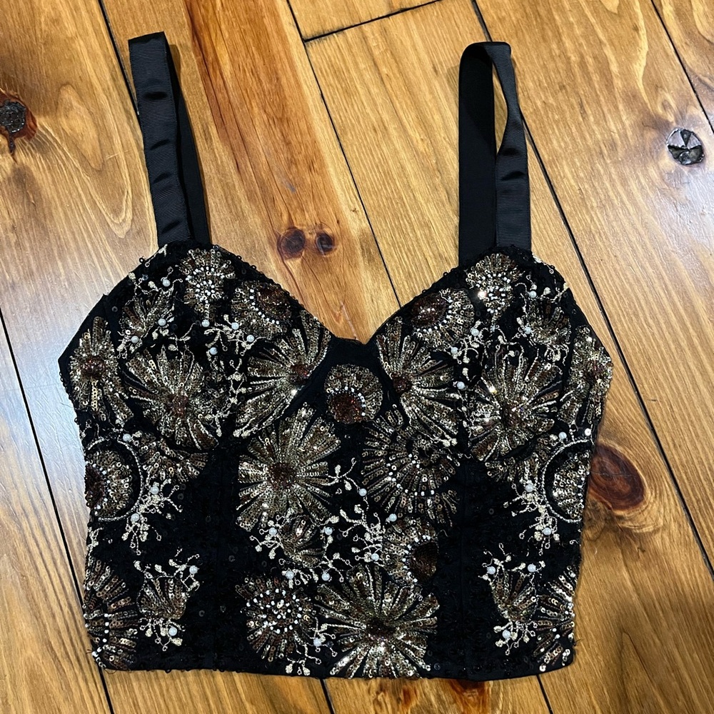 Zara Black Crop Top with Gold Sequin Embellishment